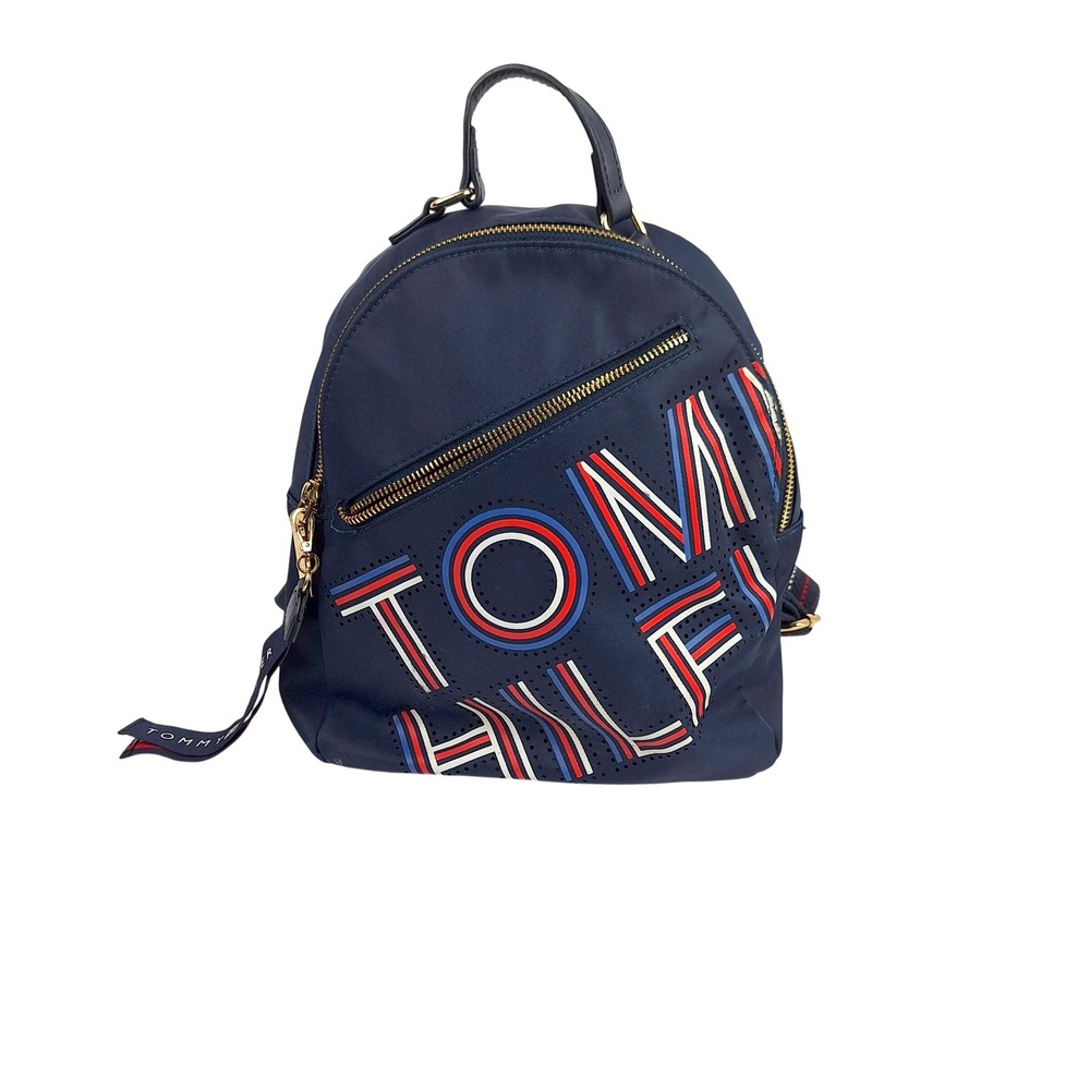 Tommy Hilfiger Navy Blue Nylon Mini Backpack Logo Perforated Gold Hardware
